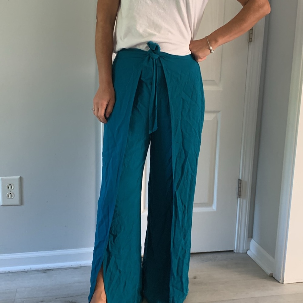HAPPILY GREY TIE WAIST WIDE LEG WRAP PANTS SIZE S IN‎ TEAL bohoCoastal Lagenlook